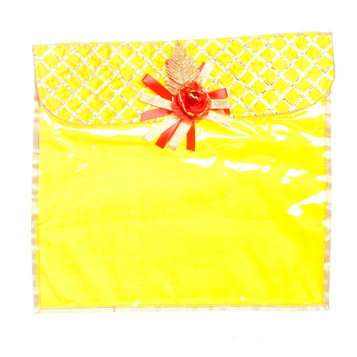 Geetanjali Decor yellow coloured saree cover with gota work and attractive broch