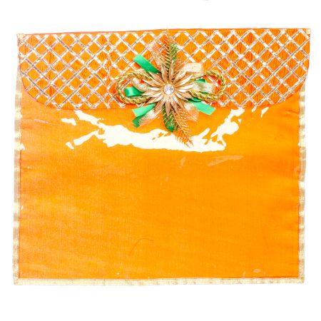 Geetanjali Decor beautiful, orange coloured saree cover made of fabric and covered with plastic