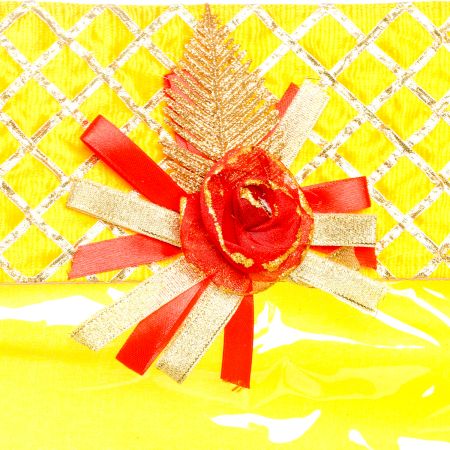 Geetanjali Decor yellow coloured saree cover with gota work and attractive broch