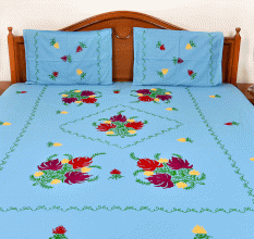 Light Blue Cotton Bedspread Floral Motifs