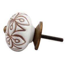 White Brown Floral Etched Knob