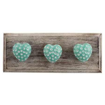 Sea Green Heart Etched Ceramic Wooden Hooks