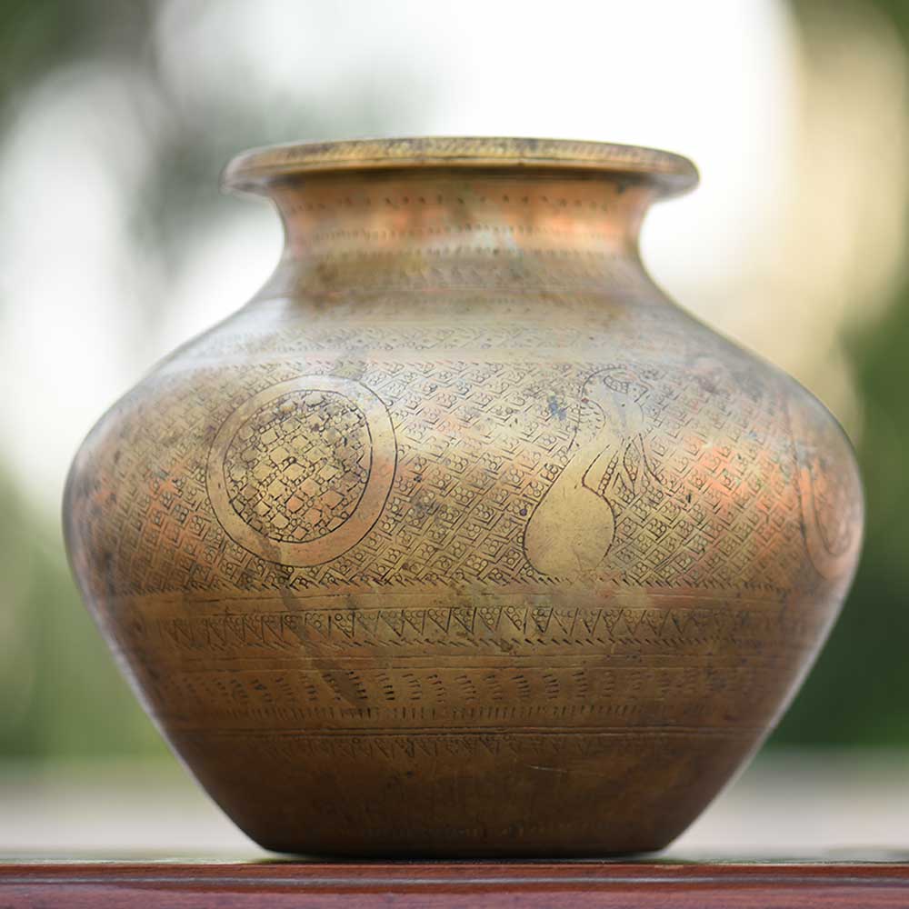 Brass Lota With Pattern Engraving And Wild Animal Water Pot