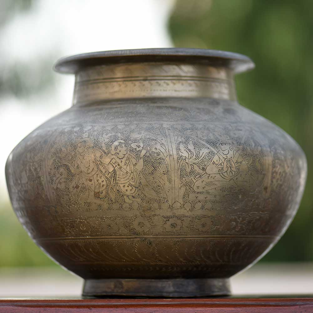 Hand Engraved Hindu gods Pooja Holy Hater Pot In Brass
