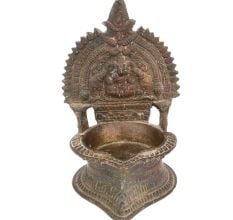 Oil Lamps Hand Cast in Bronze Alloy Depict An Image of Laxmi, Flanked by Two Elephants