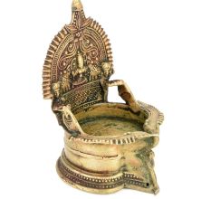 Vintage Goddess Lakshmi Egraved Brass Temple Kamakshi Oil Lamp Diya 