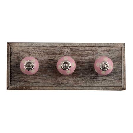 Pink Etched Dot Ceramic Wooden Hooks