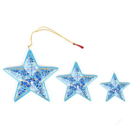 Hand Painted Wood Ornaments (Set of 3 ) ,â€™Blue Floral Starsâ€™