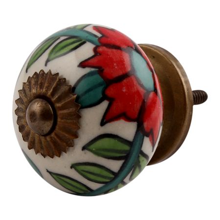 White Leafy Floral Ceramic Knob
