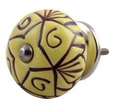 Yellow Base Brown Etched Ceramic Floral Knob