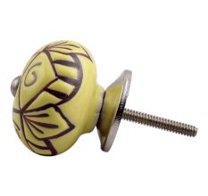 Yellow Base Brown Etched Ceramic Floral Knob