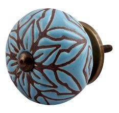 Turquoise Amarylis Floral Etched Ceramic Drawer Knob