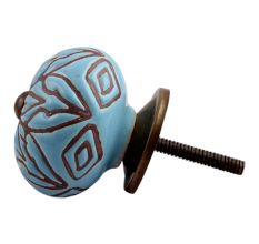 Turquoise Amarylis Floral Etched Ceramic Drawer Knob