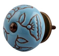 Turquoise Calla Lily Brown Etched Ceramic Cabinet Knob