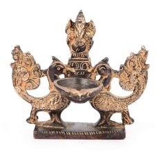 Brass Lamp of Two Peacock Holding Lord Ganesh At Centre