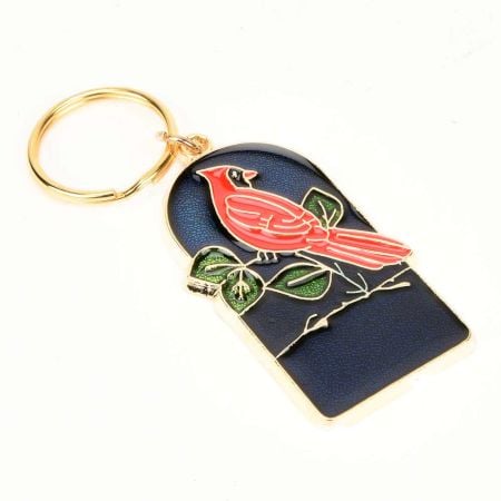 Red Bird On Branch With Blue Background Brass Keychain