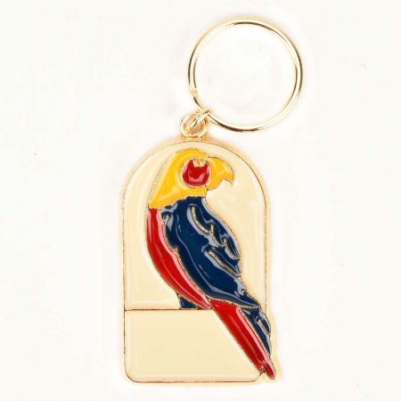 Red Macaw In A Cage On Brass Keychain