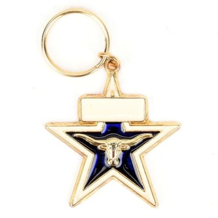 Golden Long Horned Sheep On Blue Star Brass Key Chain