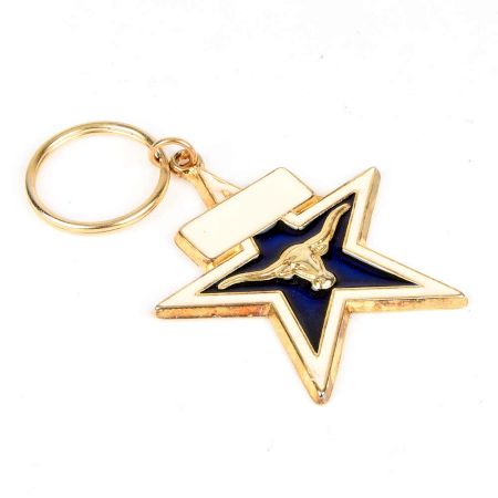 Golden Long Horned Sheep On Blue Star Brass Key Chain