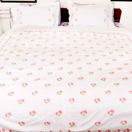 White Cotton Duvet Cover With Pink Floral Hand Embroidery +2 Pillow Covers.