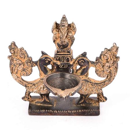 Brass Lamp of Two Peacock Holding Lord Ganesh At Centre