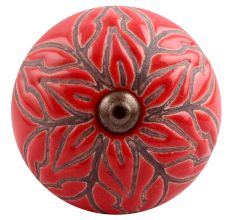 Red Amarylis Floral Etched Ceramic Drawer Knob