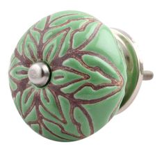Pea Green Amarylis Floral Etched Ceramic Drawer Knob
