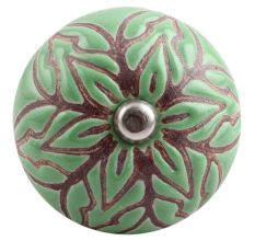 Pea Green Amarylis Floral Etched Ceramic Drawer Knob