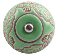 Pea Green Leaf Flower Etched Ceramic Drawer Knob