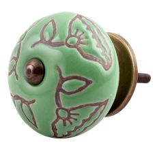 Pea Green Calla Lily Brown Etched Ceramic Cabinet Knob