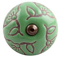 Pea Green Calla Lily Brown Etched Ceramic Cabinet Knob