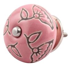 Pink Calla Lily Brown Etched Ceramic Cabinet Knob