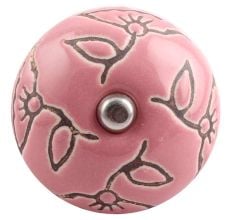 Pink Calla Lily Brown Etched Ceramic Cabinet Knob