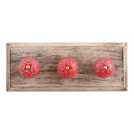 Red Etched Ceramic Floral Wooden Hooks