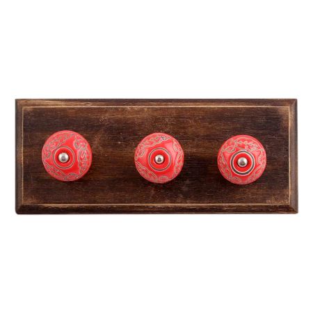 Red Leaf Flower Etched Ceramic Wooden Hooks