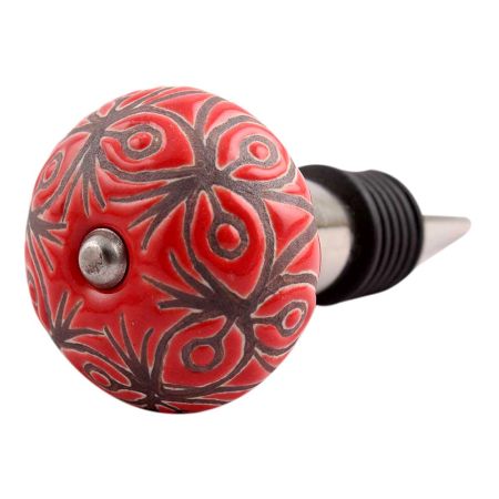 Red Etched Ceramic Floral Wine Stopper