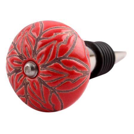Red Amarylis Floral Etched Ceramic Wine Stopper