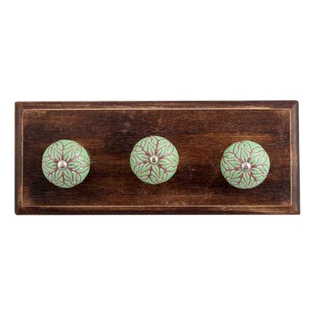 Pea Green Amarylis Etched Ceramic Wooden Hooks