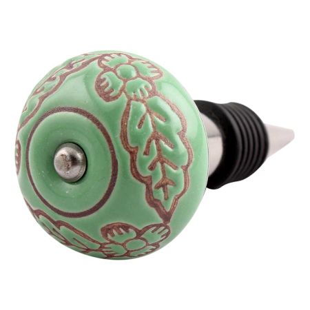 Pea Green Leaf Flower Etched Ceramic Wine Stopper