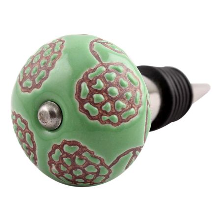 Pea Green Marigold Etched Ceramic Wine Stopper