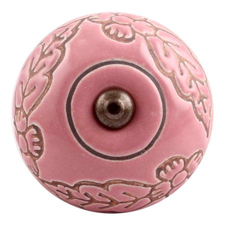 Pink Leaf Flower Etched Ceramic Drawer Knob