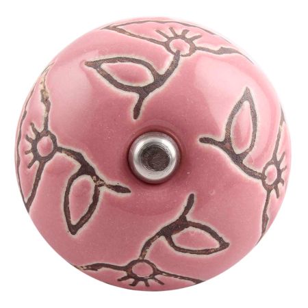 Pink Calla Lily Brown Etched Ceramic Cabinet Knob
