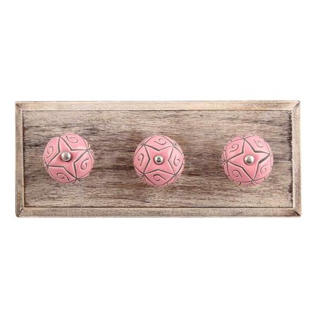 Pink Etched Ceramic Floral Wooden Hooks