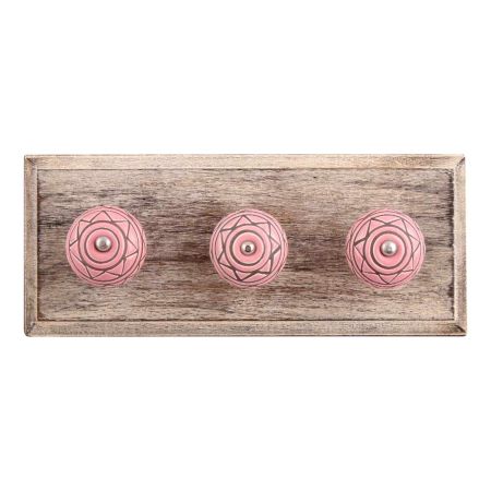 Pink Pattern Etched Ceramic Wooden Hooks