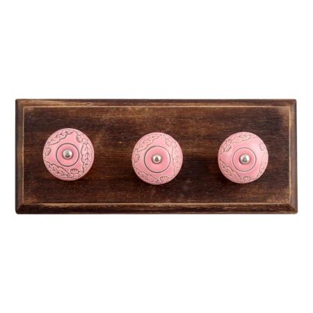 Pink Leaf Flower Etched Ceramic Wooden Hooks
