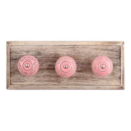 Pink Leaf Flower Etched Ceramic Wooden Hooks