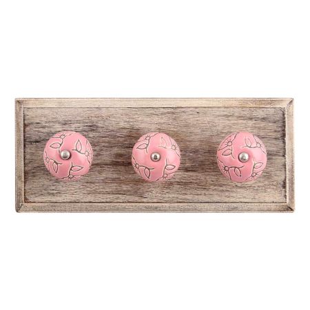 Pink Calla Lily Brown Etched Ceramic Wooden Hooks