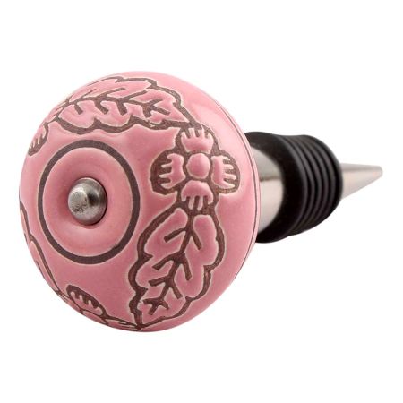 Pink Leaf Flower Etched Ceramic Wine Stopper