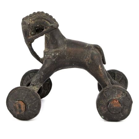 Brass Horse Figurine Primitive Toy Wheeled
