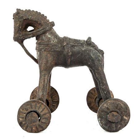 Old Brass Temple Toy Horse on Wheels